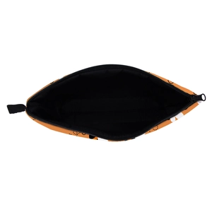 Waterproof orange cosmetic bag with daisy prints and black lining shown from a top view