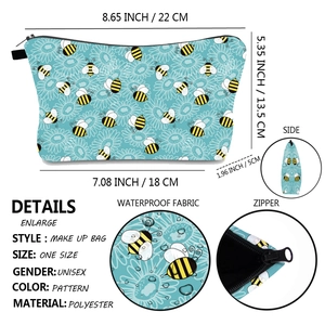 Detailed view of the waterproof polyester fabric and metal zipper on bee print makeup bag