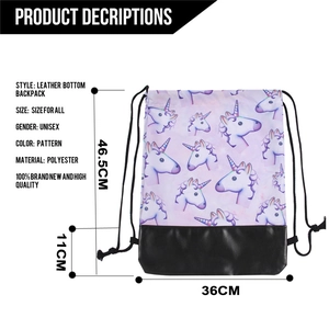 Unicorn drawstring backpack with PU leather base and dimensions shown on white background