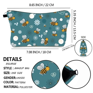 Waterproof blue bee print makeup bag with zipper closure and polyester dimensions