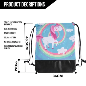 Unicorn print drawstring backpack with durable black leather bottom and polyester fabric