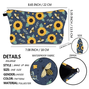 Waterproof polyester makeup bag with bee and sunflower prints showing size details