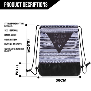 Ethnic pattern drawstring backpack with Hakuna Matata print and dimensions 46.5x36x11cm