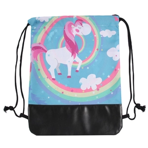 Unicorn Rainbow Printed Sky Blue Drawstring Backpack For Women Girls Cute Cartoon Polyester Water Resistant Travel Sport Bag