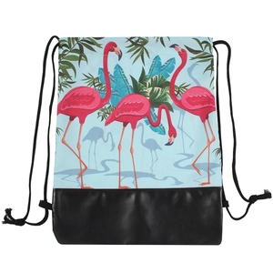 Women's Tropical Flamingo Print Drawstring Backpack Polyester Bag With PU Bottom Light Blue Casual Travel Storage Sackpack