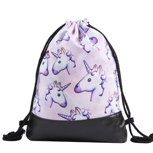 Unicorn drawstring backpack with pink gradient pattern and durable black PU leather base