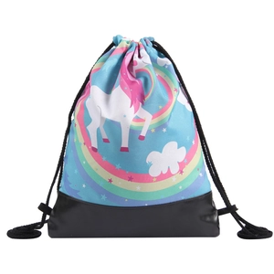 Sky blue unicorn drawstring backpack with rainbow print and durable black PU leather base