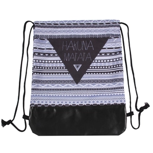 Women Geometric Ethnic Print Drawstring Backpack Splicing PU Leather Bottom Polyester Water Repellent Casual Travel Bag