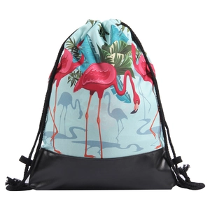 Drawstring backpack with flamingo and tropical leaf print featuring a PU leather base