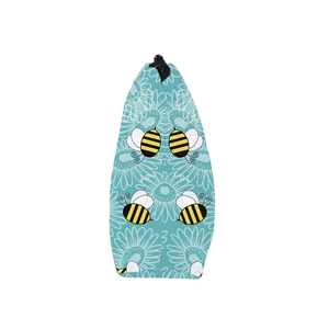 Waterproof blue makeup bag with bee and floral print in a side triangular view