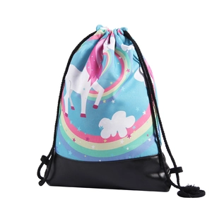 Close-up of sky blue unicorn drawstring bag with durable black synthetic leather base