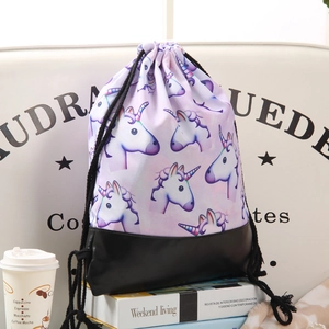 Unicorn print drawstring backpack with PU base in light purple and black colors