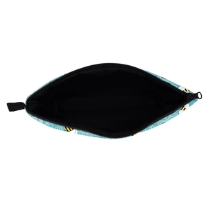 Waterproof blue makeup bag with bee floral print and black interior lining