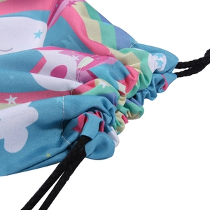 Unicorn drawstring backpack with rainbow and cloud prints on durable PU bottom canvas