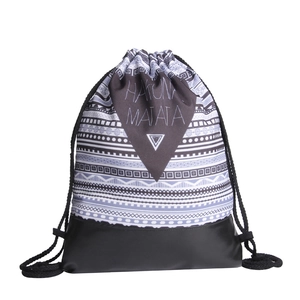Detail of Hakuna Matata drawstring backpack featuring geometric patterns and PU leather base