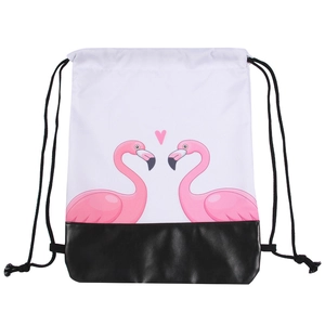 Flamingo Heart Print Drawstring Backpack With PU Bottom Polyester Cinch Bag For Women Daily Casual Travel Storage Sport Bag