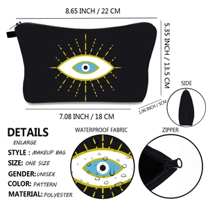 Trousse de maquillage étanche motif œil maléfique en polyester noir avec fermeture éclair