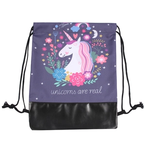 Unicorn Floral Print Drawstring Backpack For Women Girls Waterproof Polyester PU Bottom Cinch Sack Gym Bag Storage Bag
