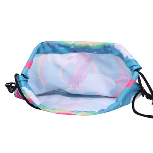 Internal view showing storage space of unicorn print drawstring bag with PU bottom