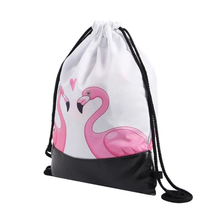 White drawstring backpack with pink flamingo prints and durable black PU leather base