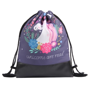 Deep purple unicorn drawstring backpack with black PU leather base and floral print