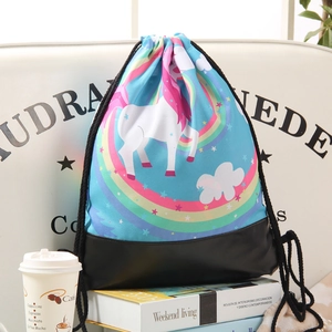 Unicorn and rainbow print drawstring backpack with durable black PU leather base