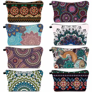 Water-resistant portable cosmetic bags with 8 unique mandala and bohemian floral prints