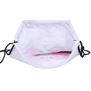 White drawstring backpack with pink flamingo print and durable PU base for women