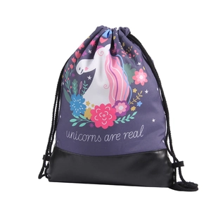 Close-up of unicorn print drawstring backpack with reinforced PU leather base
