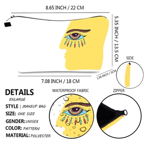 Detailed size chart of evil eye makeup bag showing dimensions 22x13.5x5cm and material info
