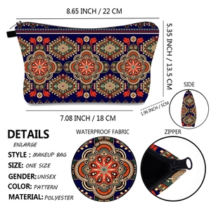 Detail view of ethnic mandala makeup bag with size dimensions and waterproof fabric texture