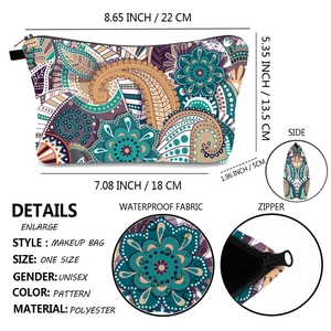 Waterproof mandala paisley polyester toiletry bag with zipper and size specifications