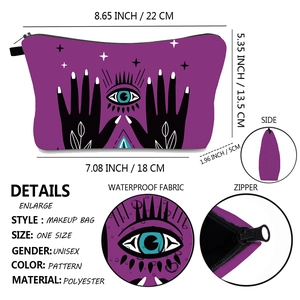 Detailed view of evil eye makeup bag showing size specs, fabric texture, and zipper quality