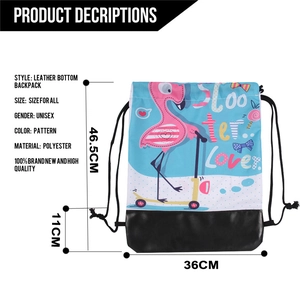 Blue drawstring backpack with cute flamingo print and durable black leather base