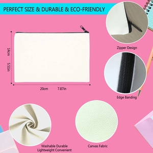 DIY sublimation blank canvas makeup bag with black zipper, 20x14cm portable travel pouch