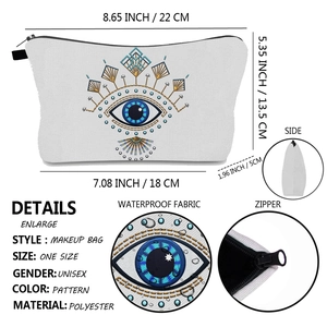 White Evil Eye cosmetic travel bag with dimensions 22x13.5cm and waterproof polyester
