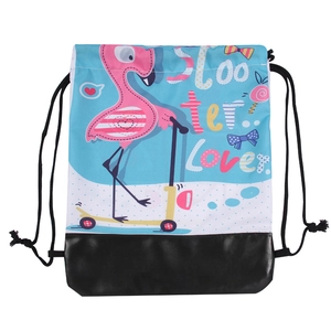 Cute Cartoon Flamingo Printed Drawstring Backpack For Women Lightweight Polyester Sackpack With PU Bottom Travel Gym Bag