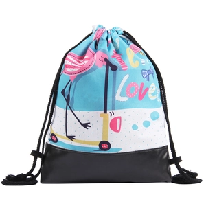 Cute flamingo print drawstring backpack with durable black PU leather base for women