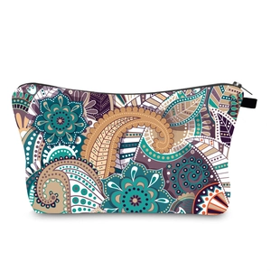 Close-up of waterproof mandala print travel cosmetic bag with paisley floral patterns
