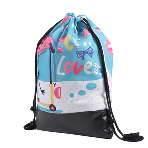 Close-up of bird prints and reinforced PU base on a light blue drawstring backpack