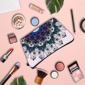 Waterproof mandala print travel toiletry bag with vibrant peacock feather pattern design
