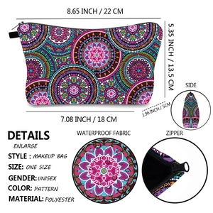 Detaillierte Größentabelle der wasserfesten Mandala-Kosmetiktasche mit Reißverschluss-Detail
