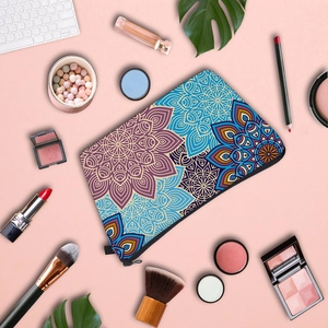 Waterproof mandala print makeup bag with vibrant floral patterns for travel storage