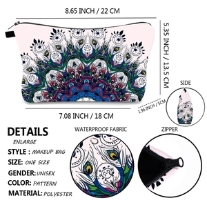 Waterproof mandala peacock feather makeup bag showing zip closure and dimensions