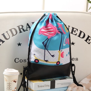 Polka dot drawstring backpack with flamingo print and durable black PU leather base