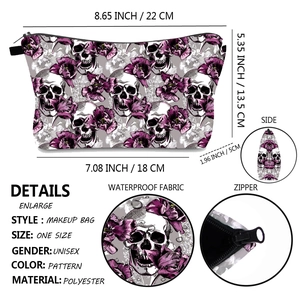 Detail showing waterproof polyester fabric and zipper on skull print makeup bag