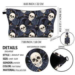 Detailed size specifications and waterproof polyester fabric of skull print makeup bag