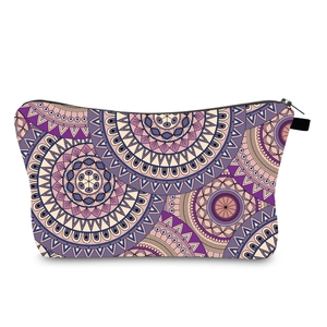 Detailed view of mandala print makeup bag with durable zipper and black top handle strap