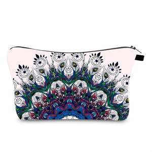 Detail shot of mandala peacock feather print on a water resistant makeup bag