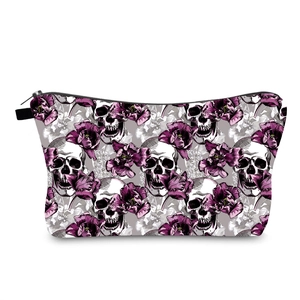 Skull Flower Print Portable Makeup Bag Polyester Waterproof Toiletry Organizer Travel Pouch For Women Halloween Gothic Style